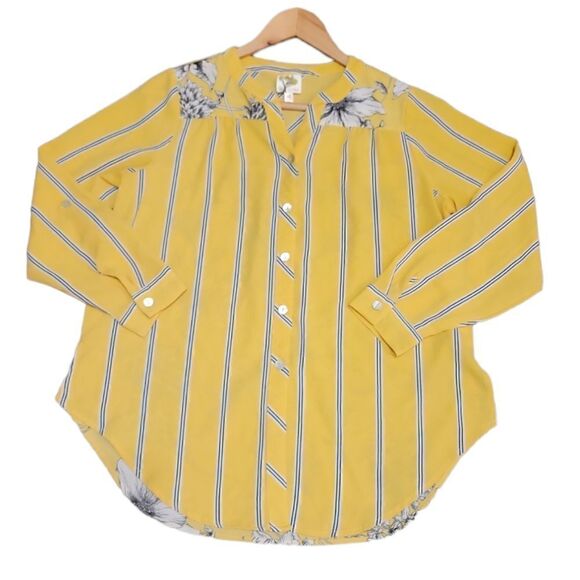 Anthropologie Fig & Flower Floral Yellow longSleeve Button Blouse Tunic Top PL - Picture 4 of 13